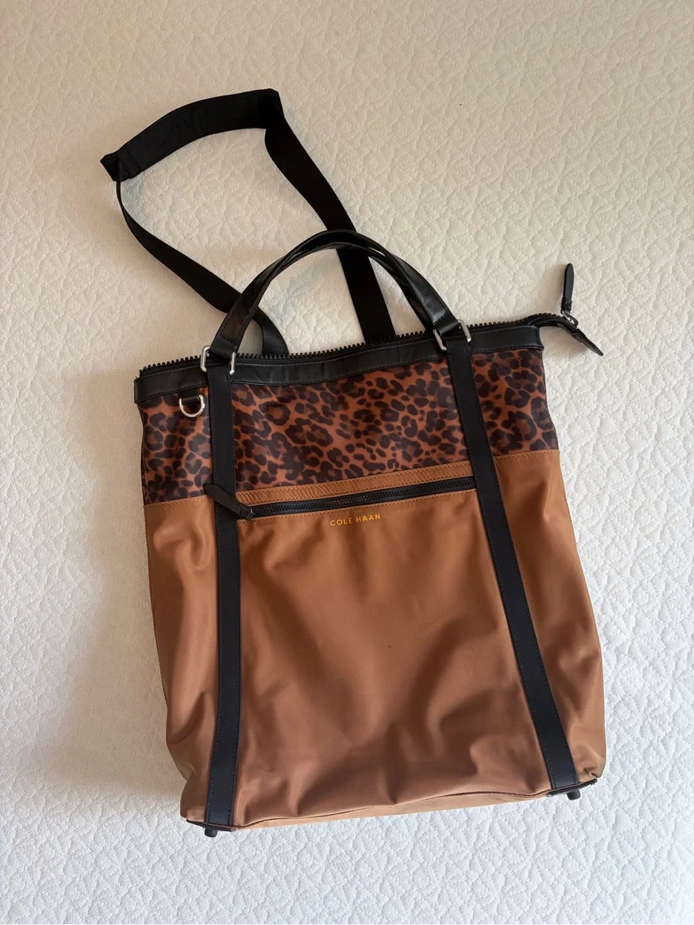 Cole Haan Brown Tote Backpack with Leopard Accent and Black Trim